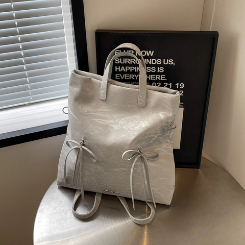 Zaino alla Moda da Donna in Pelle Sintetica Stropicciata Grande Capacità Borsa Tote con Fiocchi per Scuola e Uso Quotidiano