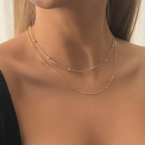Double Layer Stainless Steel Necklace With Round Beads Minimalist Dainty Chain Jewelry For Women Elegant