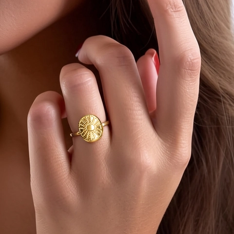 Stainless Steel Adjustable Ring For Women Retro Starburst Oval Sunburst Hollow Line Design Niche Style Open Band