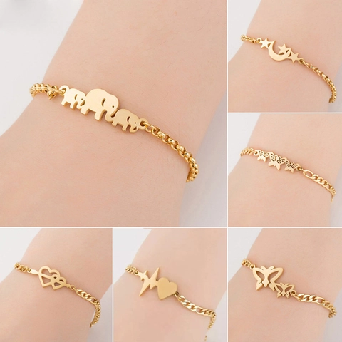 18K Gold Plated Stainless Steel Butterfly Elephant Heart Star Moon Bracelet Anklet For Women Fashion Jewelry Gift