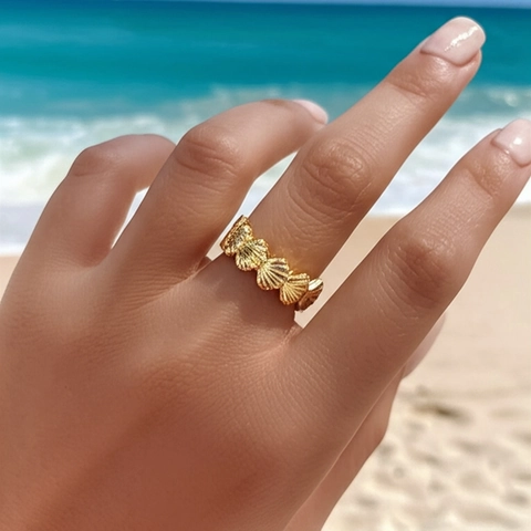 Scallop Shell Texture Ring Stainless Steel 18K Gold Plated Adjustable Open Ocean Beach Style Jewelry For Women