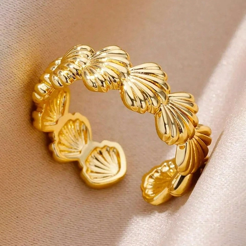 Scallop Shell Texture Ring Stainless Steel 18K Gold Plated Adjustable Open Ocean Beach Style Jewelry For Women