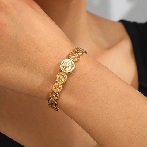 Edelstahl Offener Armreif Für Damen Sonnenstrahl Muster Vintage Boho Stil Gold Silber Plattiert Schmuck