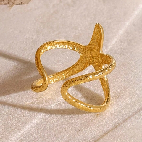 Starfish Open Adjustable Ring Stainless Steel Hammered Texture Ocean Beach Vacation Retro Fashion Jewelry For Women