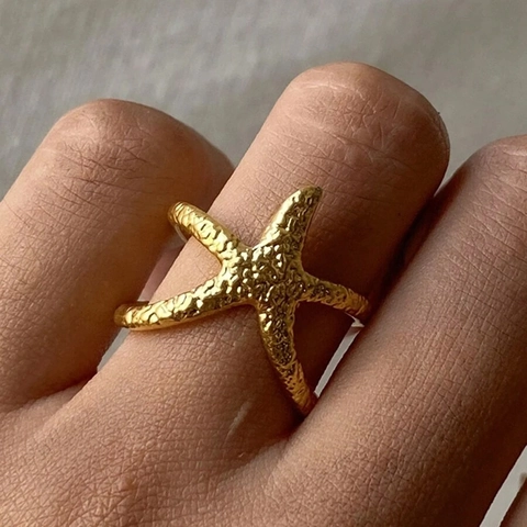 Starfish Open Adjustable Ring Stainless Steel Hammered Texture Ocean Beach Vacation Retro Fashion Jewelry For Women
