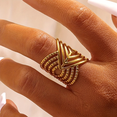 Roestvrijstalen Geometrische Holle Brede Ring Meerlaagse V Vorm Minimalistische Sieraden Voor Vrouwen