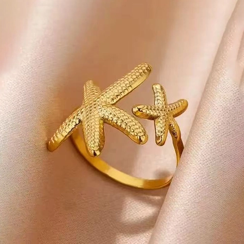 Starfish Offener Ring Edelstahl Verstellbar Strukturiert Doppelter Seestern Ozean Stil Strand Schmuck Sommer Trendy Für Damen