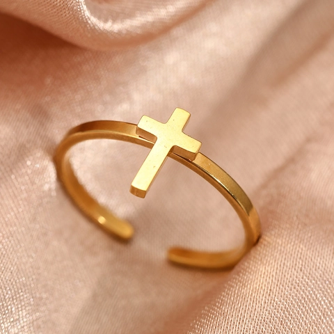 Cross Open Ring Stainless Steel Adjustable Minimalist Religious Jewelry For Men Women Couples