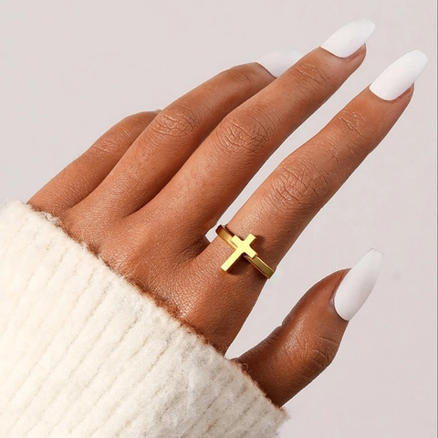 Cross Open Ring Stainless Steel Adjustable Minimalist Religious Jewelry For Men Women Couples