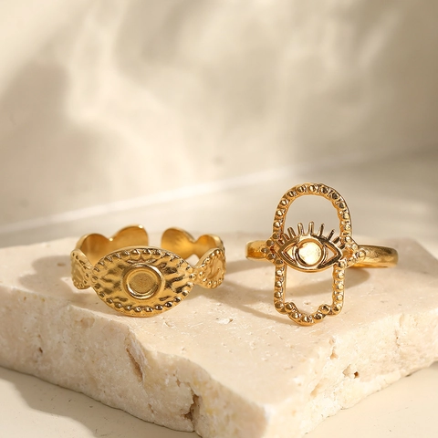 Stainless Steel Adjustable Rings Evil Eye Hamsa Hand Hammered Texture Gothic Bohemian Retro Stacking Jewelry For Women