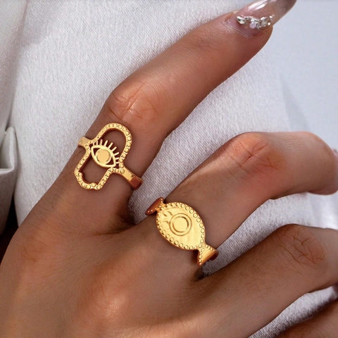 Stainless Steel Adjustable Rings Evil Eye Hamsa Hand Hammered Texture Gothic Bohemian Retro Stacking Jewelry For Women