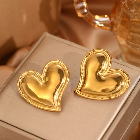 3D Puffy Heart Stud Earrings Stainless Steel High Polish Mirror Finish Vintage Oversized Statement Jewelry For Women