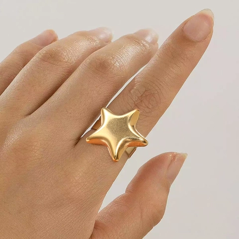 Puffy Star Ring Stainless Steel Adjustable Open Band Statement Jewelry Fashion High Polished For Women