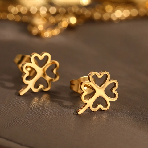 Stainless Steel Gold Plated Four Leaf Clover Stud Earrings Heart Hollow Geometric Jewelry For Women Elegant Gift