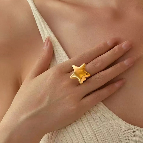 Puffy Star Ring Stainless Steel Adjustable Open Band Statement Jewelry Fashion High Polished For Women