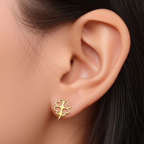 Stainless Steel Gold Plated Four Leaf Clover Stud Earrings Heart Hollow Geometric Jewelry For Women Elegant Gift