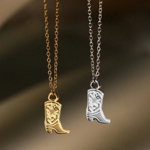 Collier Pendentif Botte De Cowboy Western Acier Inoxydable Rétro Étoile Gravée Chaîne De Clavicule Pour Femmes Hommes