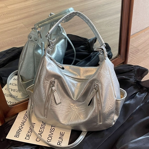 Vintage Damen Biker Tasche Große Kapazität Metallic Silber Denim Textur Schulter Tragetasche Y2K Punk Stil Multi-pocket Hobo Tasche