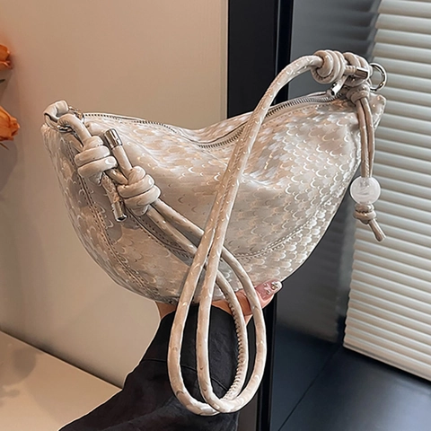 Dames PU Lederen Hobo Tas Halve Maan Schoudertas Met Knoopriem Decoratieve Kraal Minimalistische Crossbody Tas