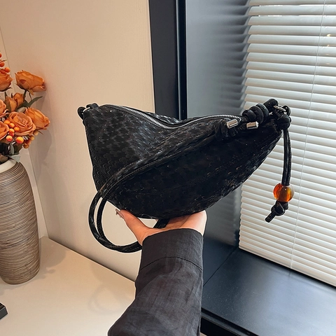 Dames PU Lederen Hobo Tas Halve Maan Schoudertas Met Knoopriem Decoratieve Kraal Minimalistische Crossbody Tas