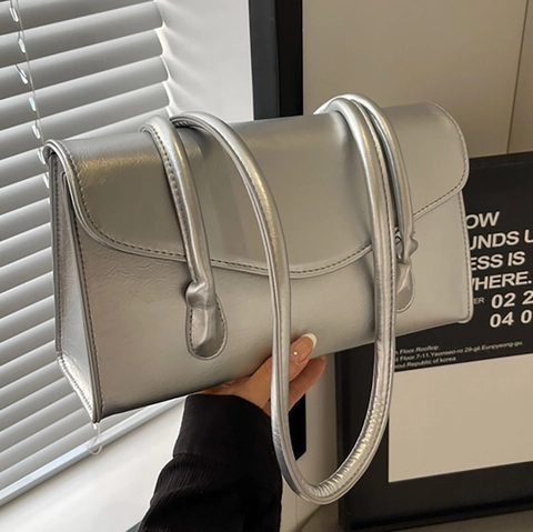 Borsa a Tracolla da Donna Minimalista in Pelle PU Grande Capacità Patta Borsa Sottobraccio Borsetta Versatile Argento Nero Rosso Bianco