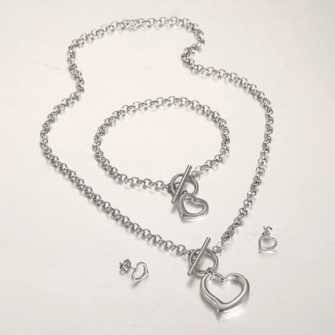 Collana Bracciale Orecchini Cuore Cavo Acciaio Inossidabile Chiusura Toggle Elegante Regalo Donna