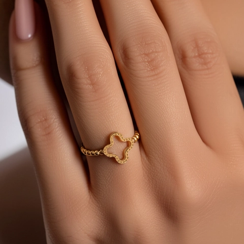 Roestvrijstalen Open Ring Hol Klavertje Verstelbaar Geluk Vinger Sieraden Kralenrand Minimalistisch Elegant Dames