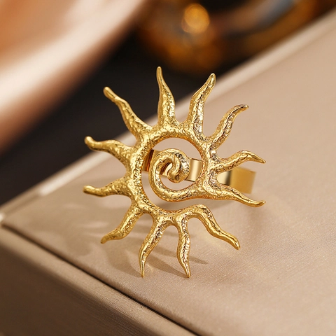 Anello Aperto Sole In Acciaio Inossidabile Geometrico Spirale Trama Martellata Impermeabile Gioielli Design Di Nicchia Donna