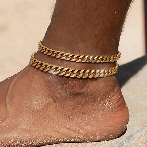 Tobilleras De Eslabones Cubanos En Capas Para Mujeres Hombres Aleación Cadena Doble Joyería De Pie Playa Ajustable Moda
