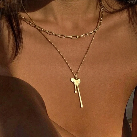 Collana Doppio Strato Acciaio Inossidabile Placcato Oro 18K Ciondolo Cuore Di Lava Retrò Elegante Moda Da Donna