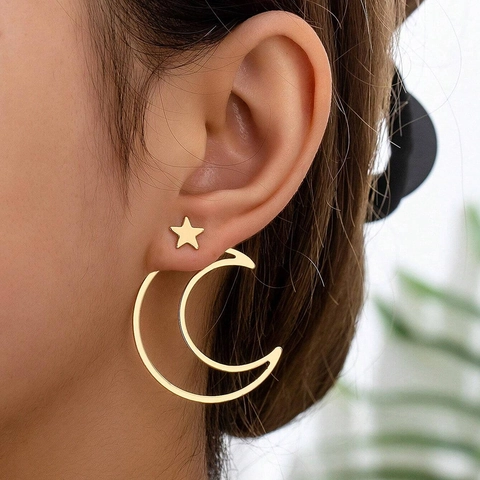 Roestvrijstalen Ster Maan Oorknopjes Asymmetrische Holle Halve Maan Pentagram Minimalistische Mode Sieraden Voor Vrouwen