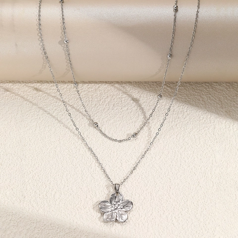 Stainless Steel Double Layer Necklace With Flower Pendant And Round Beads Elegant Fashion Jewelry For Women