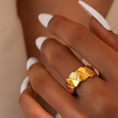 Geometric Quilted Open Ring Stainless Steel Adjustable Wide Band Hammered Texture Fashion Jewelry For Women