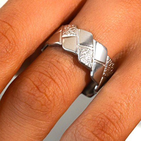 Geometric Quilted Open Ring Stainless Steel Adjustable Wide Band Hammered Texture Fashion Jewelry For Women