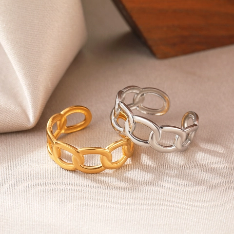 Hollow Chain Link Ring Stainless Steel 18K Gold Plated Open Adjustable Geometric Retro Jewelry For Women Men