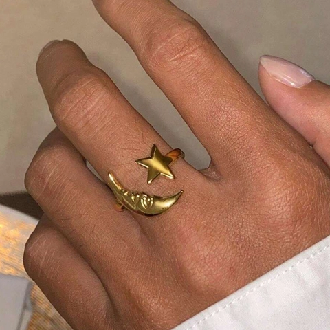 Edelstahl Stern Und Mond Offener Ring Verstellbar Vintage Himmlisches Mondgesicht Mode Schmuck Für Damen