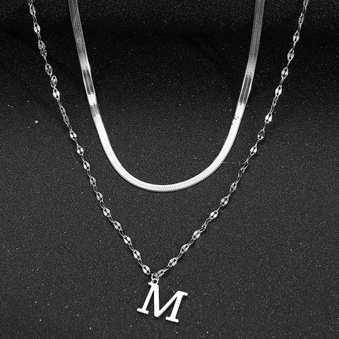Collier Double Couche Acier Inoxydable Chaîne À Chevrons Pendentif Lettre Initiale Bijoux Alphabet Minimalistes Pour Femmes