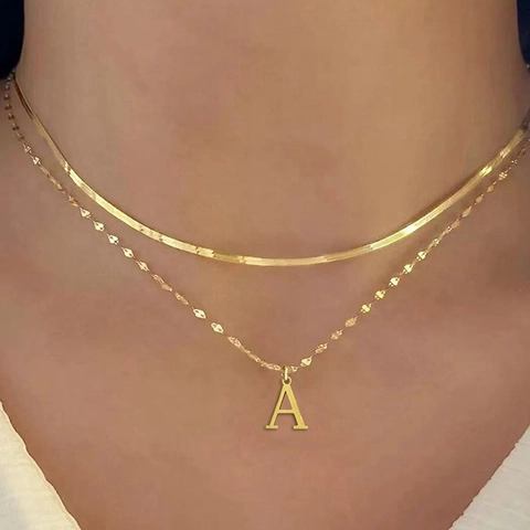 Collier Double Couche Acier Inoxydable Chaîne À Chevrons Pendentif Lettre Initiale Bijoux Alphabet Minimalistes Pour Femmes