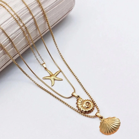 Zeester Schelp En Nautilus Hanger Ketting Roestvrij Staal Gelaagd Oceaan Thema Strand Chique Sieraden Voor Dames