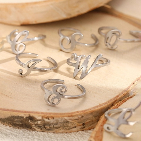 Anillos Iniciales Para Mujeres Hombres Acero Inoxidable Letra Alfabeto Abierto Ajustable Joyería Minimalista Personalizada