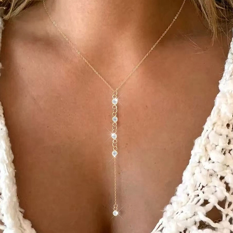 Collar Lariat En Y De Acero Inoxidable Con Borla Larga Colgante Con Circonita Minimalista Elegante Joyería Ajustable Para Mujer