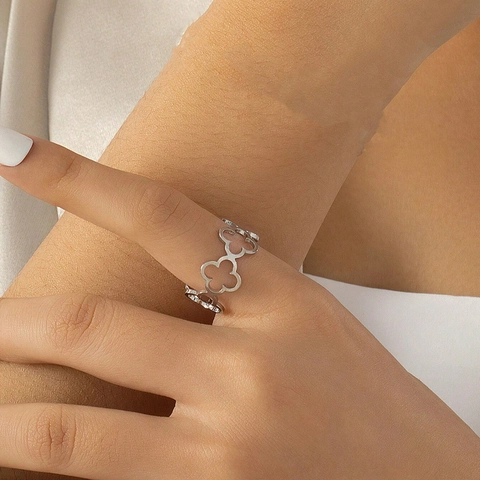 Offener Ring Mit Hohlgeformtem Vierblättrigem Kleeblatt Edelstahl Verstellbar Minimalistisch Elegant Damenmode
