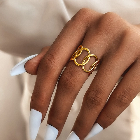 Stainless Steel Hollow Chain Link Ring 18K Gold Plated Adjustable Geometric Statement Finger Jewelry For Women