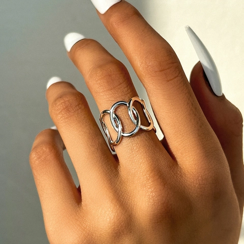 Stainless Steel Hollow Chain Link Ring 18K Gold Plated Adjustable Geometric Statement Finger Jewelry For Women