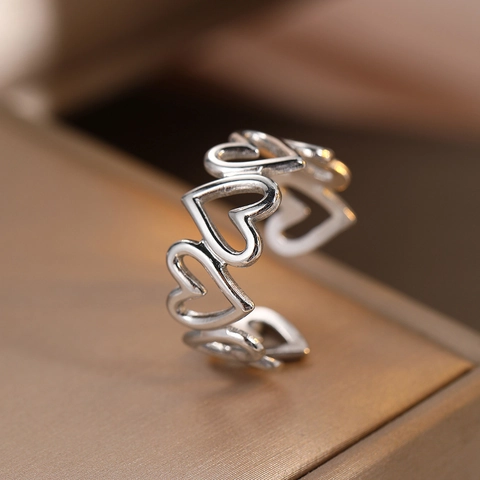 Hollow Heart Interlocking Ring Stainless Steel Adjustable Opening French Vintage Fashion Design For Women Jewelry Gift