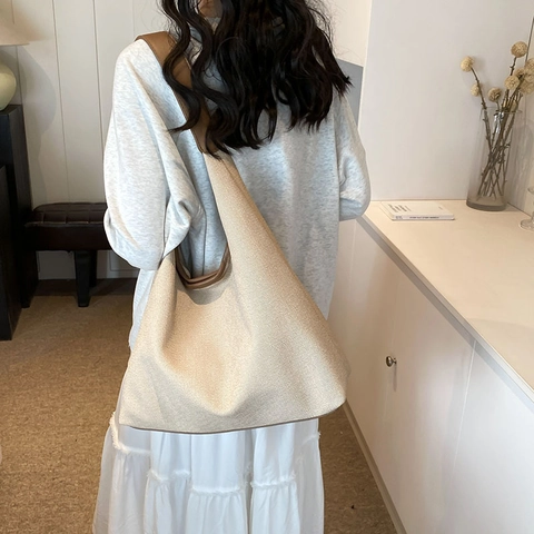 Borsa Tote Minimalista Di Grande Capacità In Tela E Pelle PU Patchwork Borsa A Spalla Per Donna Stile Vintage Casual