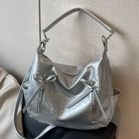 Women Hobo Shoulder Bag Metallic Crinkled PU Leather Large Capacity Bow Decor Vertical Zipper Crossbody Tote Handbag