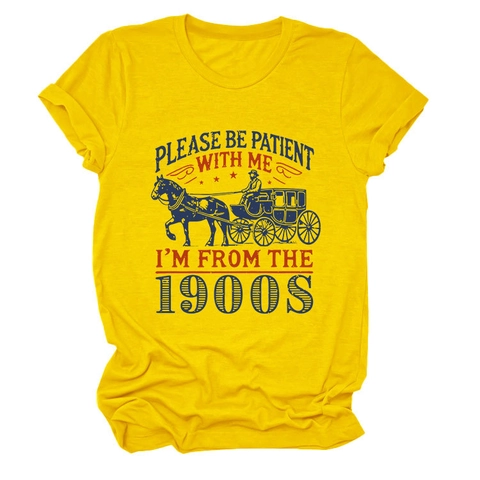 Women Crew Neck Short Sleeve T Shirt Cotton Blend Vintage Carriage Print Funny Letter Graphic Casual Loose Tee Top