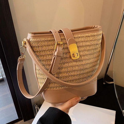 Ψάθινη Τσάντα Bucket Patchwork PU Δέρμα Τσάντα Χιαστί Τσάντα Χειρός Με Χρυσή Μεταλλική Κλειδαριά Καλοκαιρινές Διακοπές