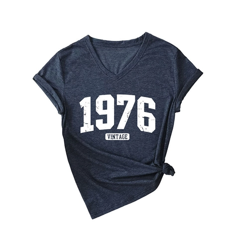 Camiseta de Mujer 1976 Vintage Cuello en V Manga Corta Estampado de Letras Retro Top Suelto de Mezcla de Algodón con Nudo Verano Daily Casual